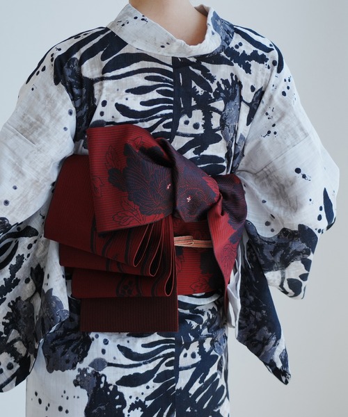 帯単品 小袋帯 utatane 博多織 長尺 正絹 牡丹 レッド×ブラック 日本製 レディースの画像