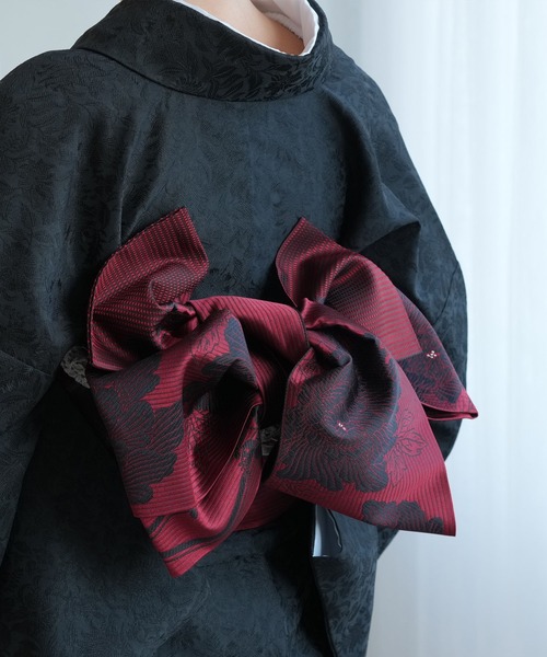 帯単品 小袋帯 utatane 博多織 長尺 正絹 牡丹 レッド×ブラック 日本製 レディースの画像