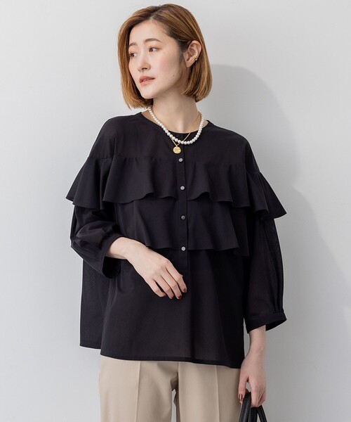 tシャツ 「Oggi9月号掲載/洗える」クリアトリコットジャージー フリルデザイン カットソー レディース