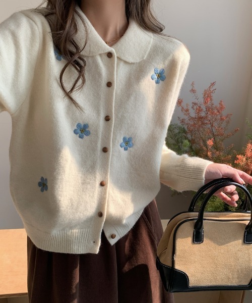 Diosfront カーディガン ポロ襟フラワー刺繍ニットカーディガン
