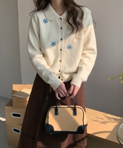 Diosfront カーディガン ポロ襟フラワー刺繍ニットカーディガン