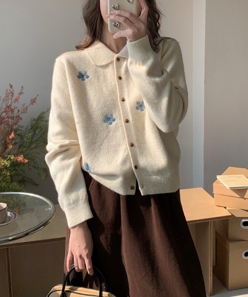 Diosfront カーディガン ポロ襟フラワー刺繍ニットカーディガン