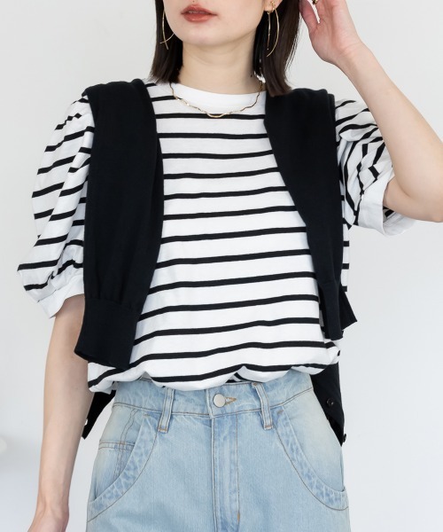 tシャツ ボーダーパフスリーブトップス Tシャツ 5部袖 半袖 ボーダー