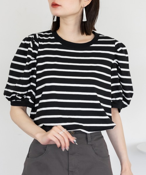 tシャツ ボーダーパフスリーブトップス Tシャツ 5部袖 半袖 ボーダー