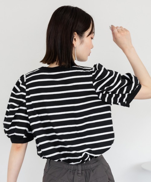tシャツ 半袖 ボーダーパフスリーブトップス Tシャツ 5部袖 ボーダー