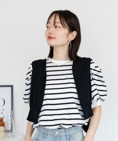tシャツ 半袖 ボーダーパフスリーブトップス Tシャツ 5部袖 ボーダー