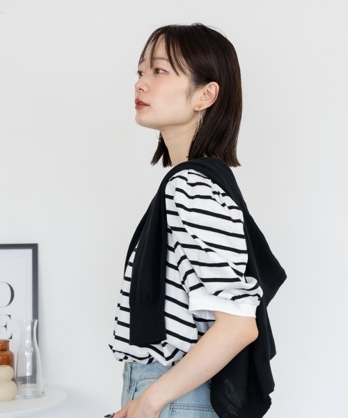 tシャツ ボーダーパフスリーブトップス Tシャツ 5部袖 半袖 ボーダー