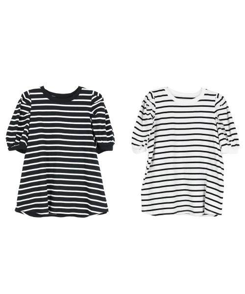 tシャツ 半袖 ボーダーパフスリーブトップス Tシャツ 5部袖 ボーダー