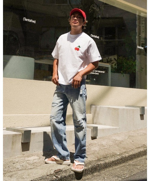 ワイドパンツ ジーンズ ヴィンテージリペアストレートデニムパンツ メンズ_2