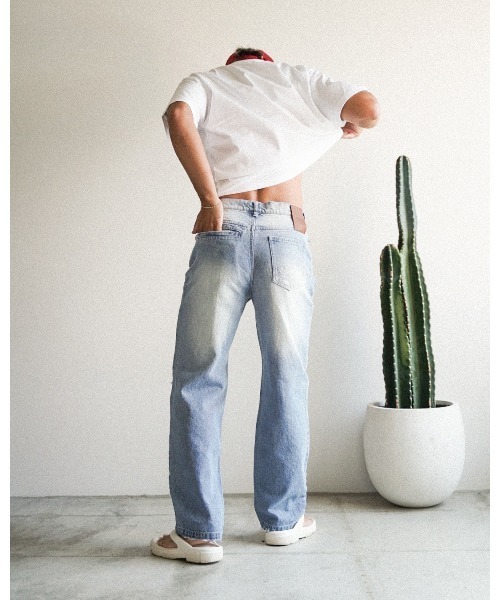 ワイドパンツ ジーンズ ヴィンテージリペアストレートデニムパンツ メンズ_5