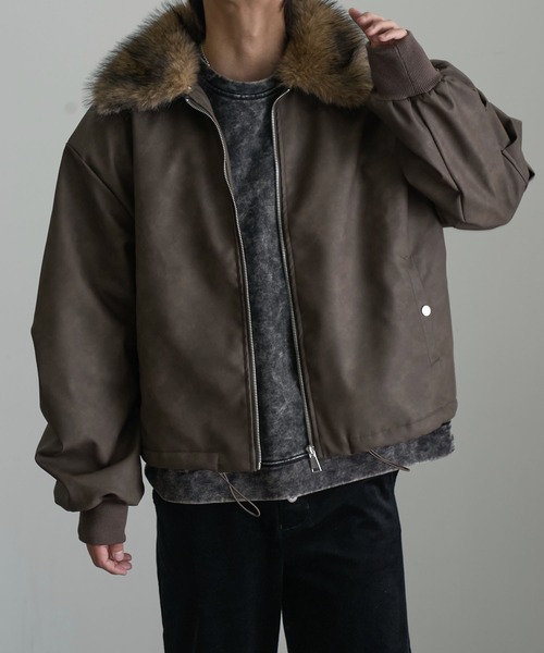 ブラウンレザー ムートン　ファー付きジャケット レザージャケット専門店 本革ムートンファー襟付きフライトジャケット