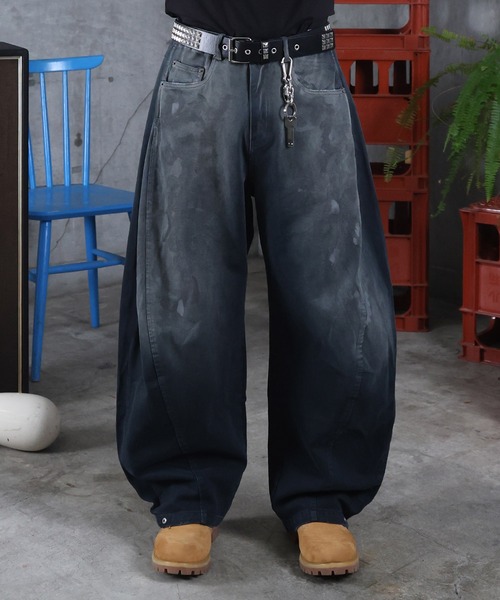 ワイドパンツ ジーンズ グランジ ペイント フェード加工 デニムパンツ