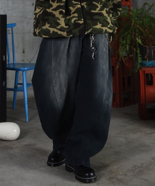 ワイドパンツ ジーンズ グランジ ペイント フェード加工 デニムパンツ