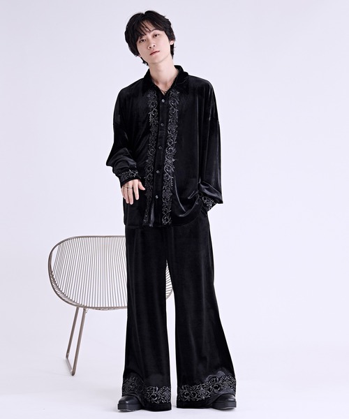 [セットアップ]Ellno Loset ローズ刺繍ジャケット、フレアパンツ Ellno Loset（エルノロゼット） ワイドパンツ スラックス ベロア刺繍