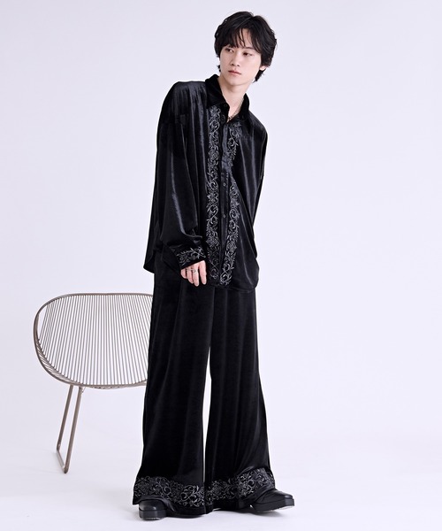 [セットアップ]Ellno Loset ローズ刺繍ジャケット、フレアパンツ Ellno Loset（エルノロゼット） ワイドパンツ スラックス ベロア刺繍