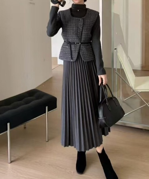 Diosfront ワンピース ベルト付きチェックベスト＆ニットプリーツ