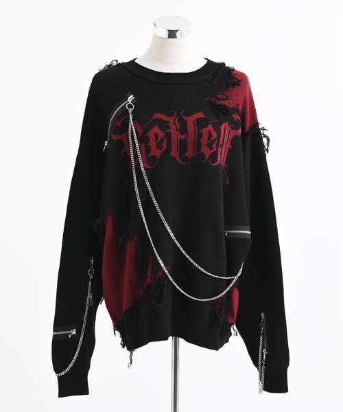 REFLEM レフレム チェーン付き ダメージ ニット プルオーバー レッド REFLEM（レフレム） ニット セーター 「REFLEM/レフレム」チェーン付き