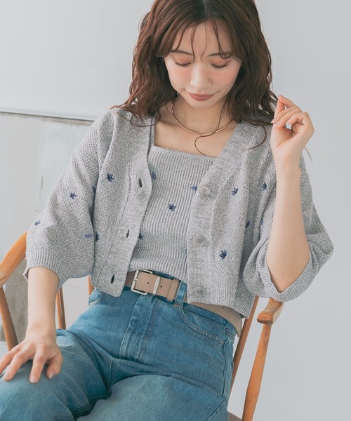 カーディガン 刺繍ニットアンサンブル半袖　713243 レディースの画像