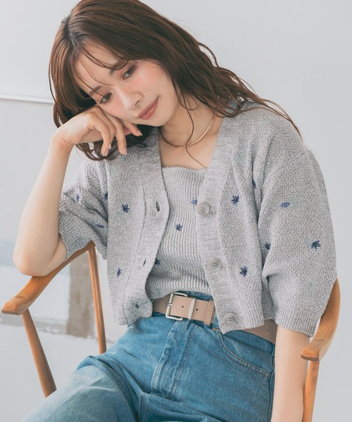 カーディガン 刺繍ニットアンサンブル半袖　713243 レディースの画像