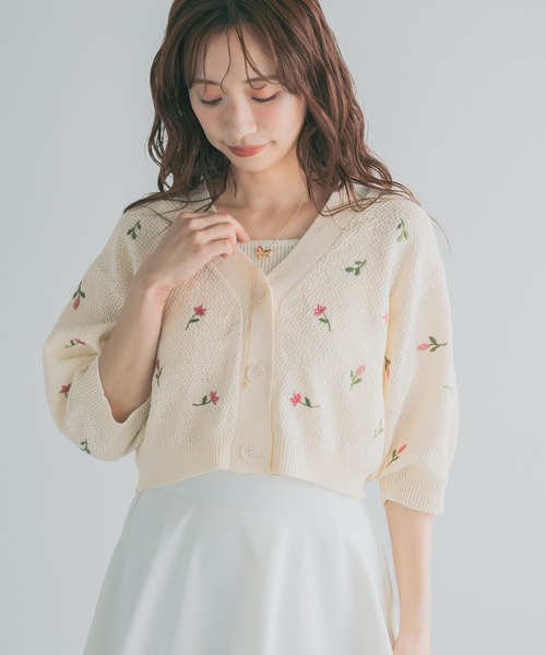 カーディガン 刺繍ニットアンサンブル半袖　713243 レディースの画像