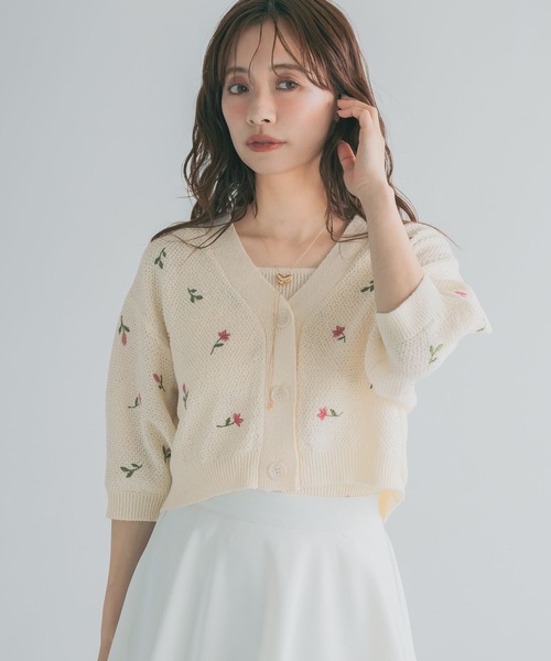 カーディガン 刺繍ニットアンサンブル半袖　713243 レディースの画像