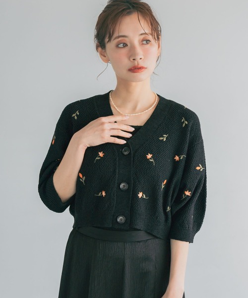カーディガン 刺繍ニットアンサンブル半袖　713243 レディースの画像