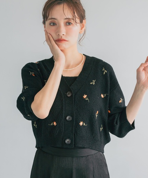 カーディガン 刺繍ニットアンサンブル半袖　713243 レディースの画像