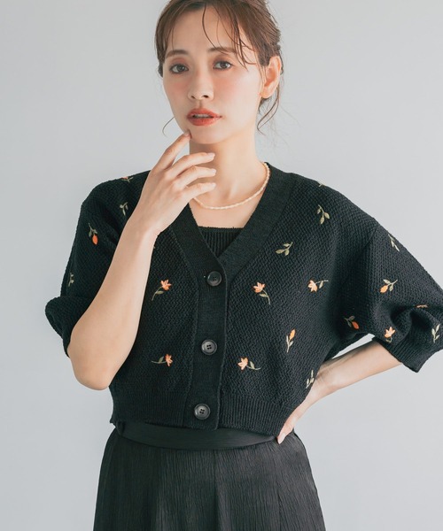 カーディガン 刺繍ニットアンサンブル半袖　713243 レディースの画像
