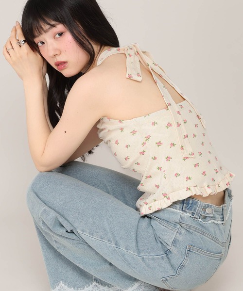 GOLDS♡レースリボン♡ホルターネック♡キャミトップス♡ブラック×ベビーピンク Heather（ヘザー） ホルターネックリボンキャミ 1046895 レディース