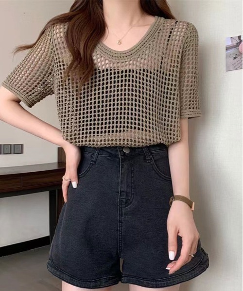 tシャツ メッシュニットハーフZIPフーディー レディース DOUBLE NAME（ダブルネーム）の「メッシュニットハーフZIP