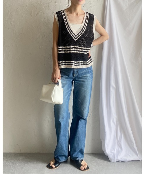 大きいサイズ 5 新品 ハンドクロシェでジレー She's Closet ベスト ジレ ショート丈深Vネック透かし編み