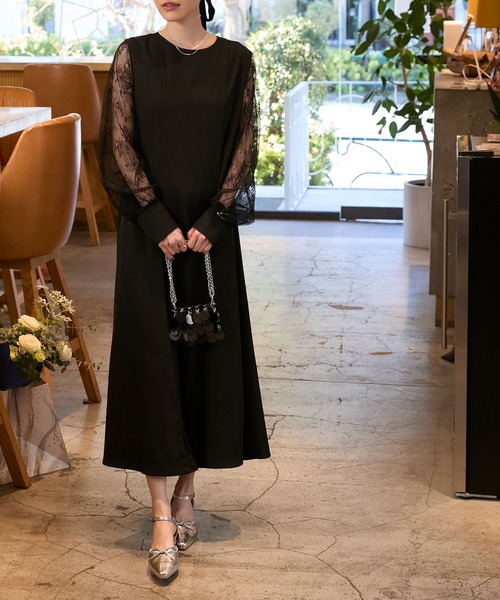 異素材レースパフスリーブ切り替えウエストリボン美脚効果ドレス　ブラック Leja（レジャ）の「【LEJA】異素材レースパフスリーブ切り替え