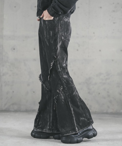 mnml ブラック フリンジデザイン フレアパンツsize30 Shoowtime（ショウタイム） ジーンズ Fringe design flared denim