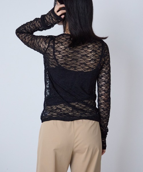 TRIANGLE PALETTE tシャツ ストレッチシアーレース長袖トップス 