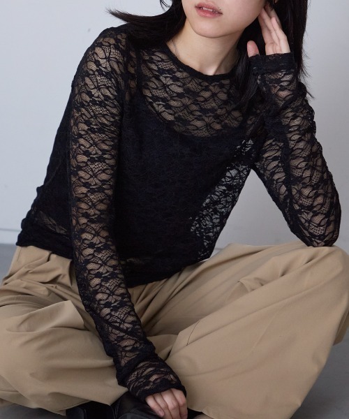 TRIANGLE PALETTE tシャツ ストレッチシアーレース長袖トップス 