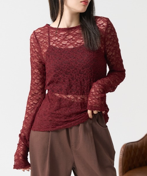 TRIANGLE PALETTE tシャツ 花柄シアーレース 長袖トップス レディース