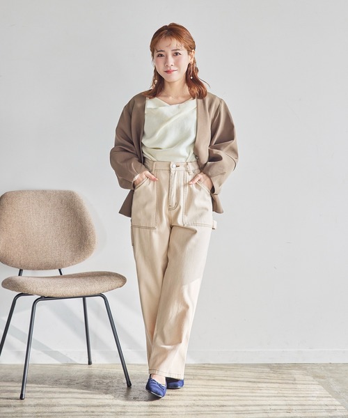 「INTER FACTORY」 ノーカラージャケット LARGE モカ レディース