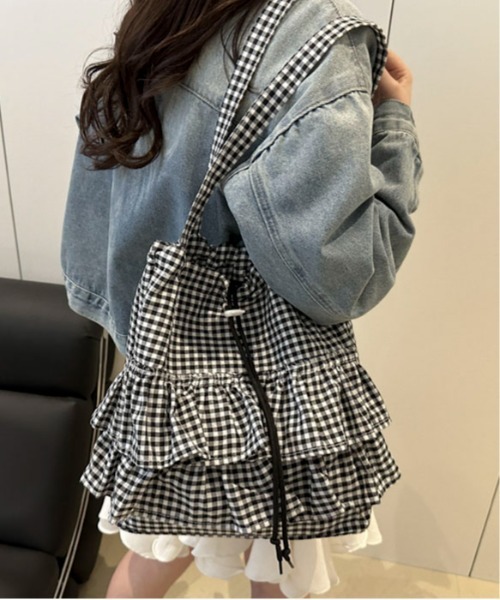 トートバッグ 「25年秋冬新作」ギンガムチェックフリル巾着トート