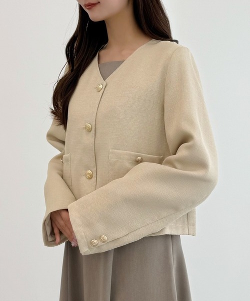 美品★アシダタエ　ツイードジャケット S(5)羊毛混 フリンジツイードジャケット（ノーカラージャケット） | grove