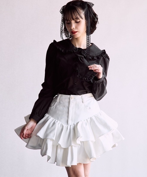 lilLilly（リルリリー） スカート アシンメトリーフリルデニムミニ