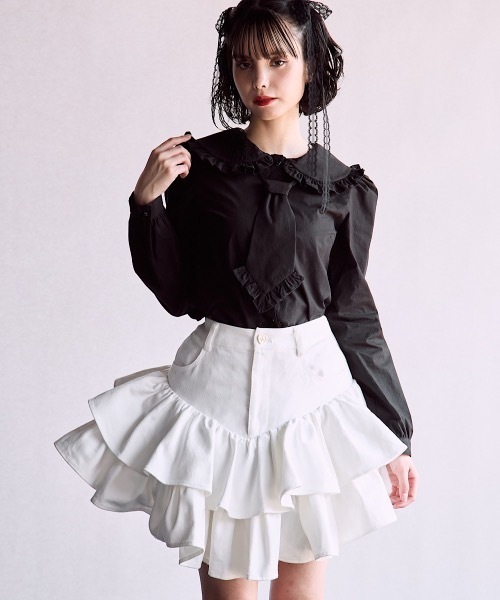 lilLilly（リルリリー） スカート アシンメトリーフリルデニムミニ