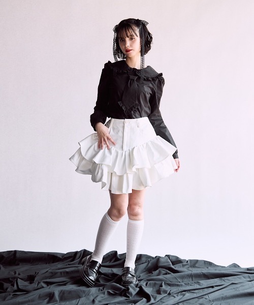 lilLilly（リルリリー） スカート アシンメトリーフリルデニムミニ