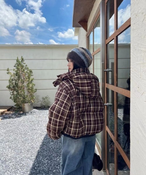 ミユ　チェックダウン　ブラウン　36 ダウンコート ダウンジャケット チェック柄エコダウンジャケット