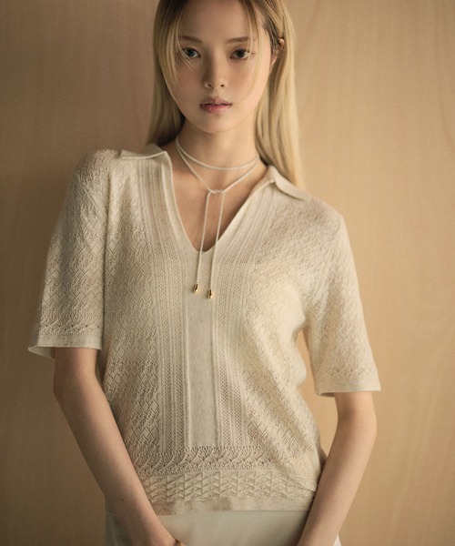 ニット セーター lacy stitch skipper neck knit /透かし編み