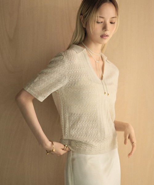 ニット セーター lacy stitch skipper neck knit /透かし編み