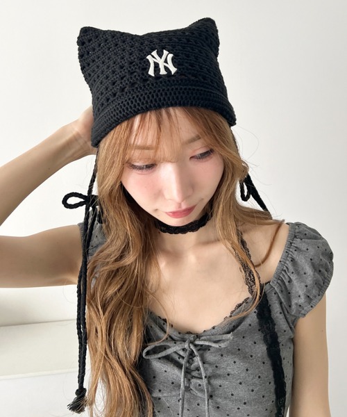 韓国　MLB korea 猫耳　ニット帽　ブラック　オンライン完売品 MLB ニット帽 ニットキャップ レディース 「日本未発売/WEB限定」MLB