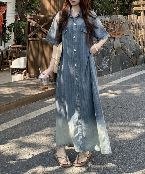 FAVORITO ワンピース 半袖 デニムシングルブレストワンピース