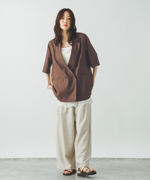 FLAX リネン トープ ダブル ジャケット L テーラード　ワーク　ブラウン GLOBAL WORK（グローバルワーク） ジャケット テーラードジャケット