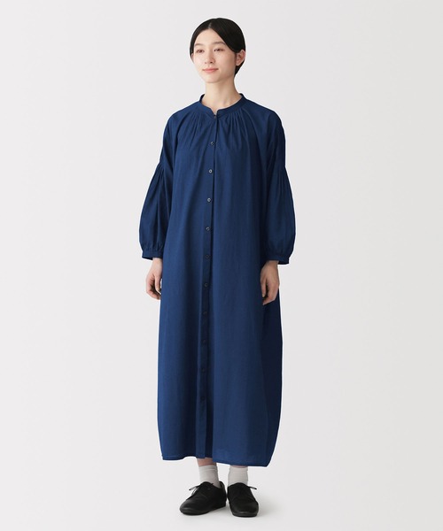 無印良品（MUJI） ワンピース 婦人 綿ピンタック インディゴ染め七分袖