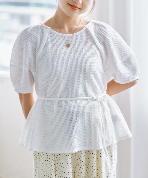 tシャツ ストレッチレースバルーンスリーブトップス「低身長・小柄女性」 レディース